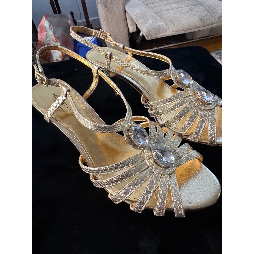 Michelle D Gold Snakeskin Leather Crystal Embellished Strappy Heels Sandals 9.5M